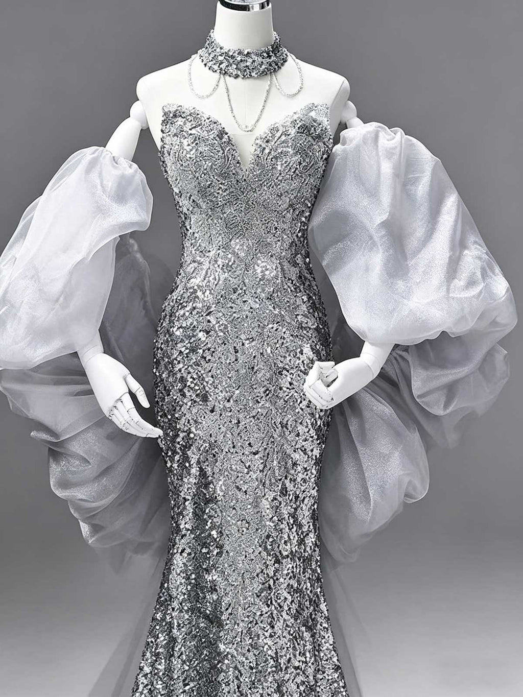 Silver Sequin Mermaid Evening Gown with Detachable Puff Tulle Sleeves