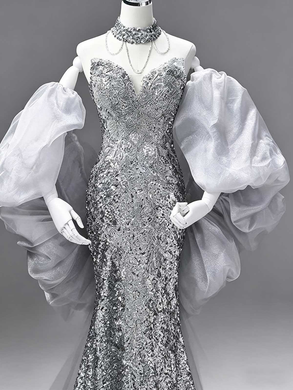Silver Sequin Mermaid Evening Gown with Detachable Puff Tulle Sleeves