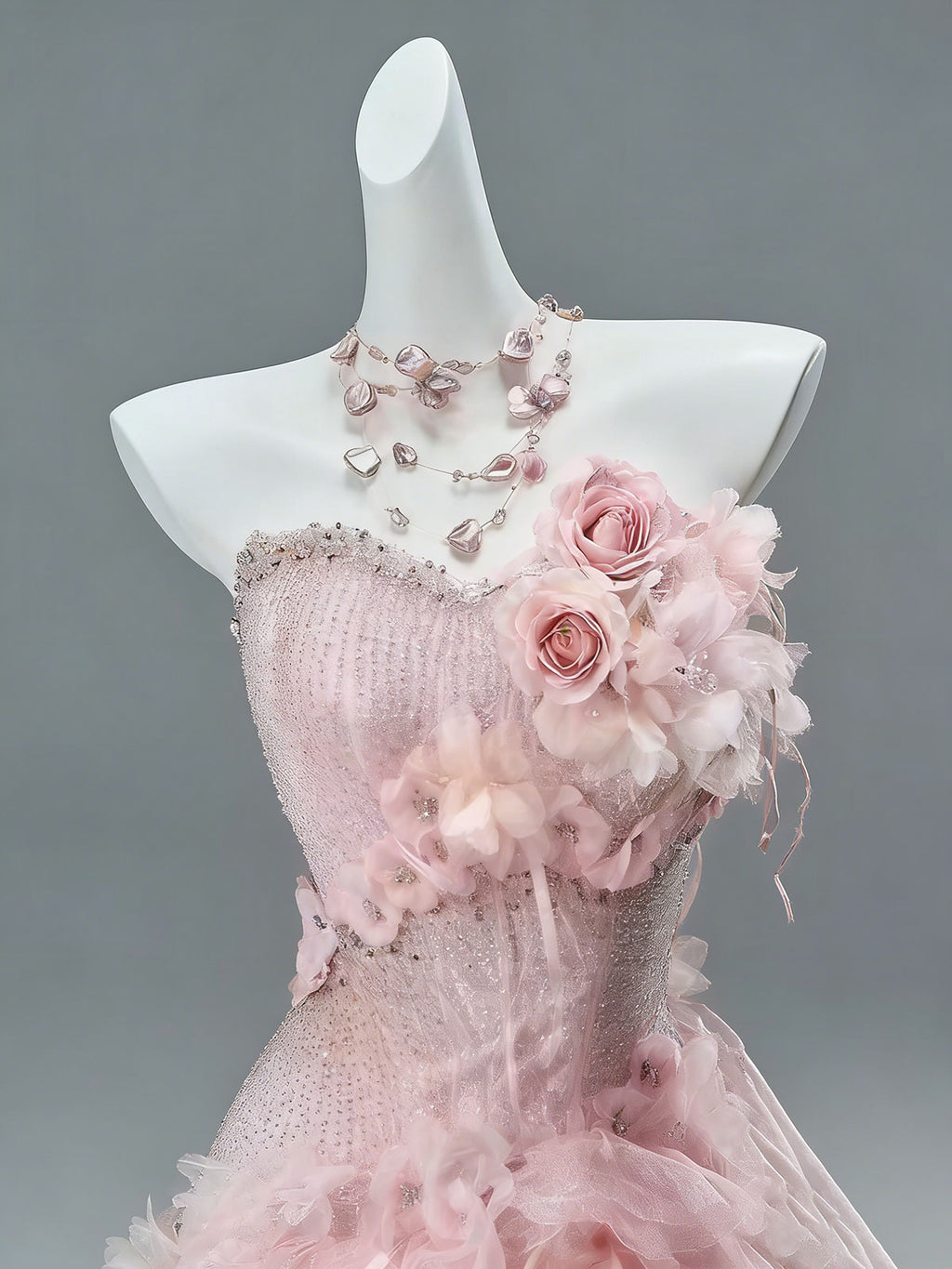 Blush Pink 3D Floral Ruffle Tiered Tulle Mermaid Prom Gown