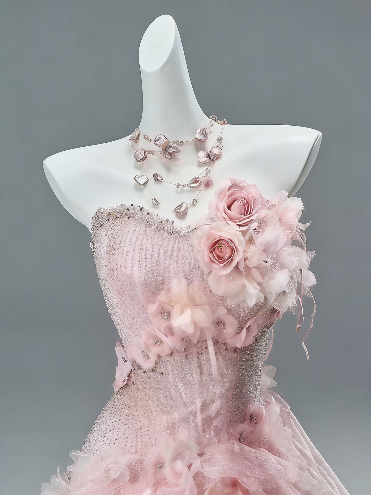 Blush Pink 3D Floral Ruffle Tiered Tulle Mermaid Prom Gown