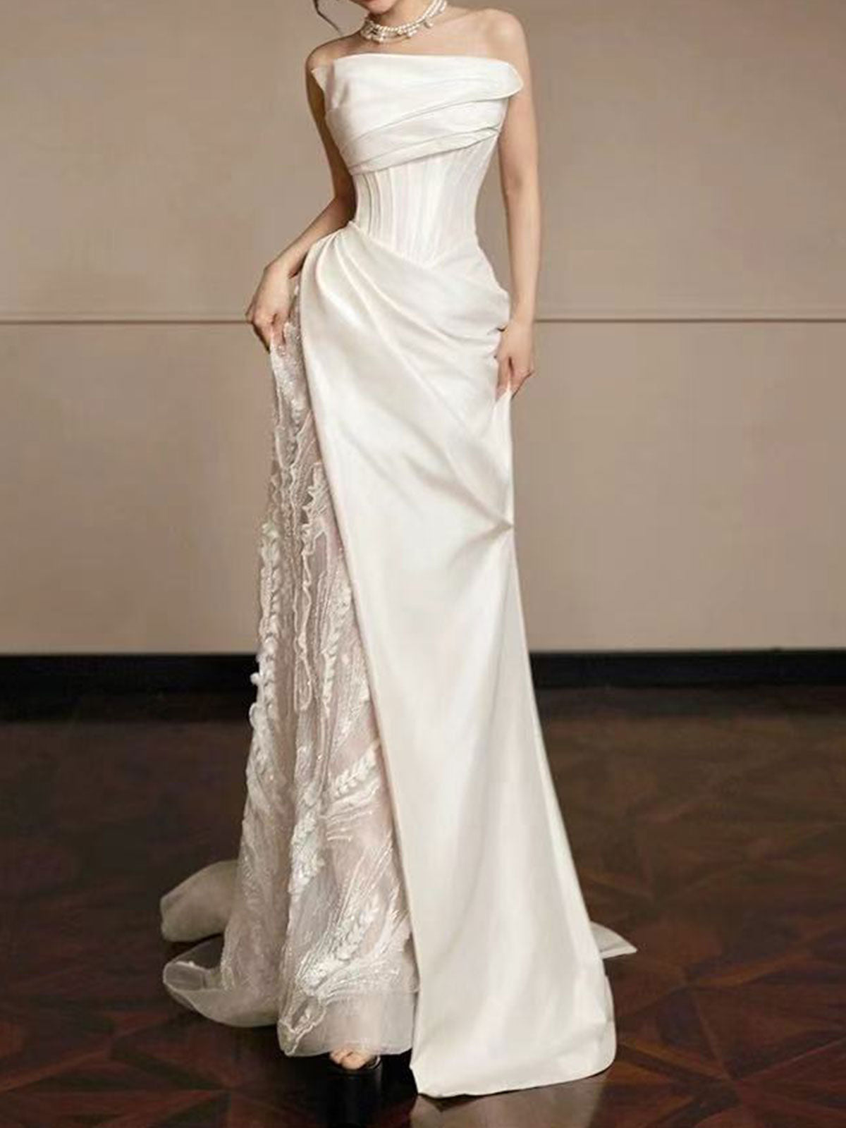 Luxury White Satin Strapless Corset Gown with Side Slit