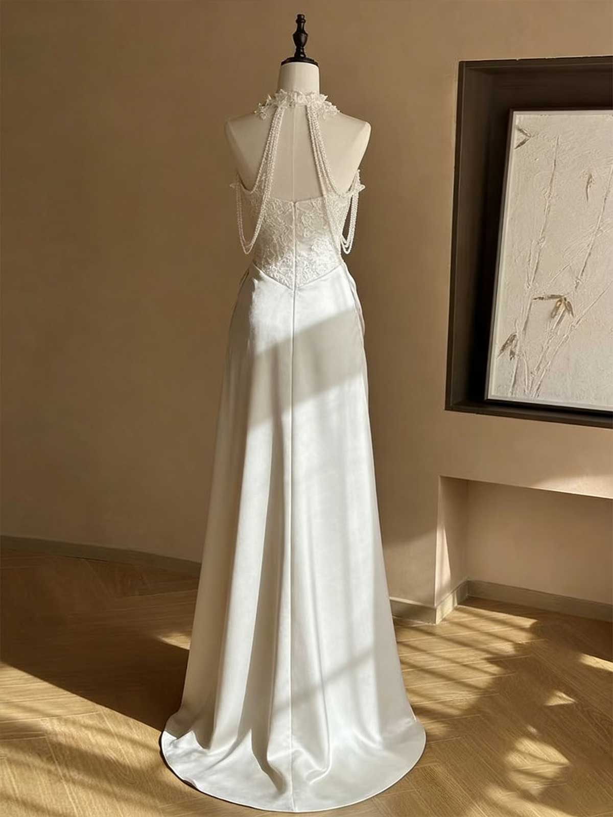 Ivory Lace Satin Mermaid Wedding Gown with Halter Neck