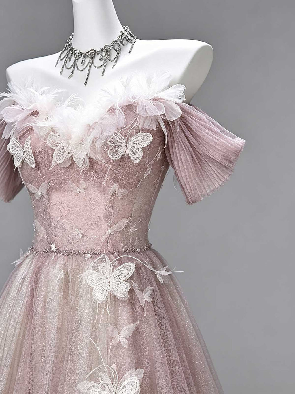 Dusty Pink Off-the-Shoulder Tulle Gown with 3D Butterfly Appliqués