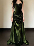 Vintage Emerald Green Velvet Maxi Gown with Draped Bust & Gemstone Accent