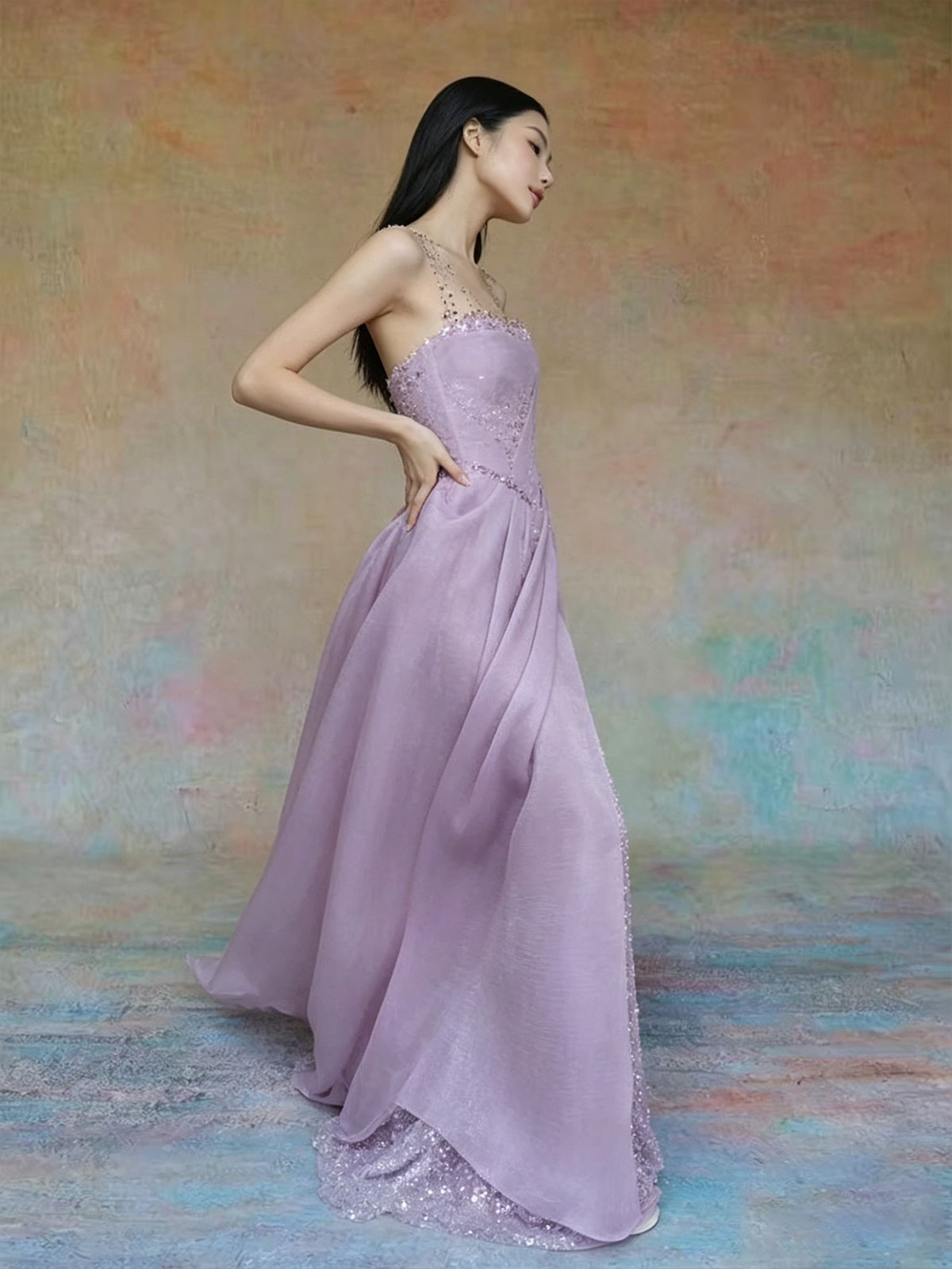 Sheer Neck Lavender Beaded Tulle Draped Satin Evening Gown