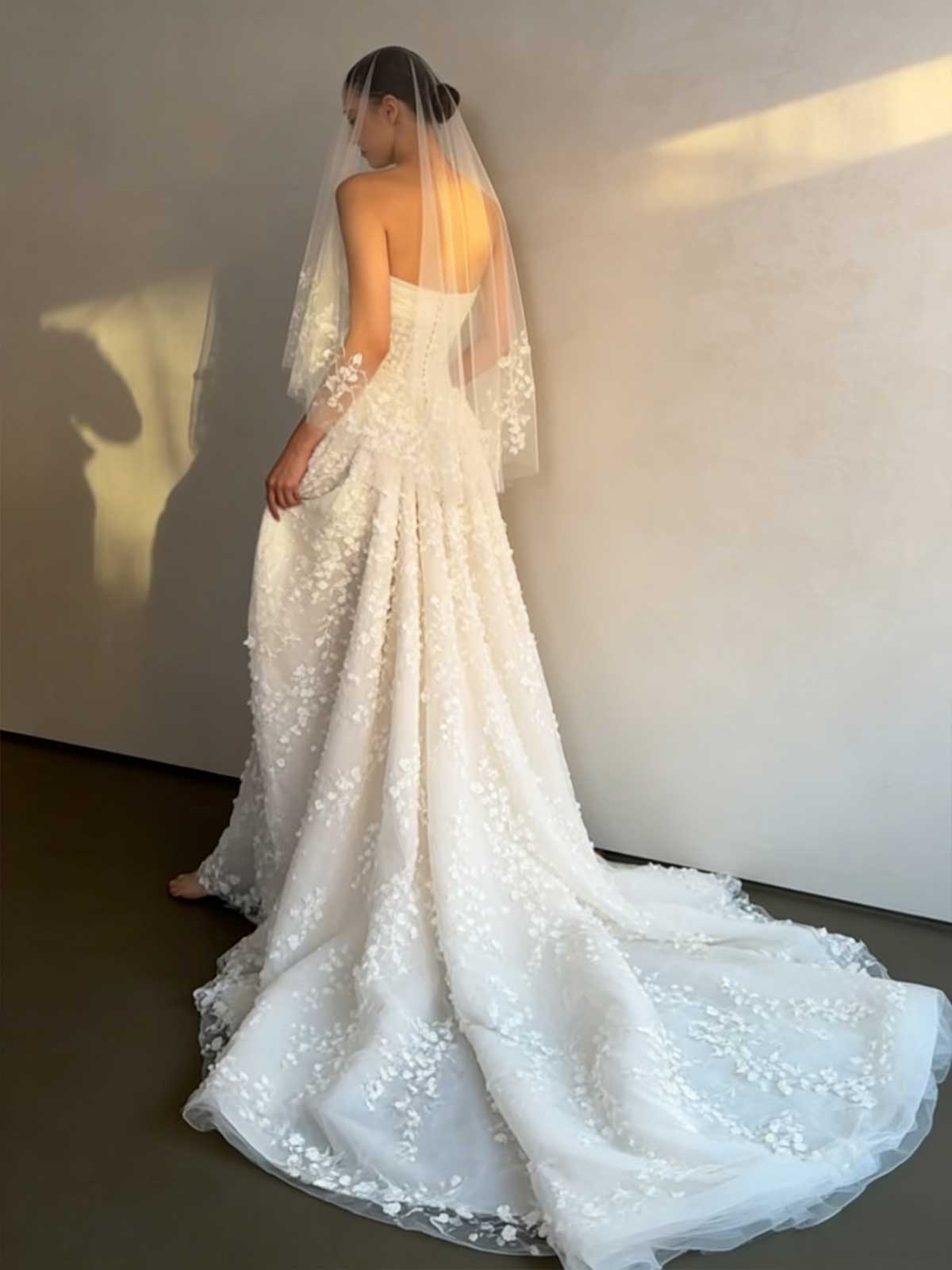 Strapless 3D Floral Lace Sheer Mermaid Wedding Dress with Slit & Veil