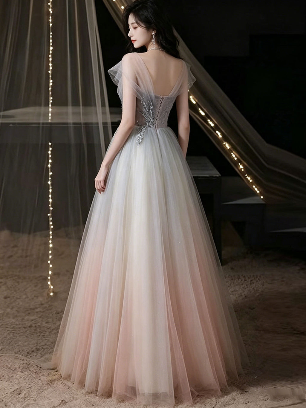 Off Shoulder Ombre Pink Tulle Beaded A-Line Evening Prom Dress