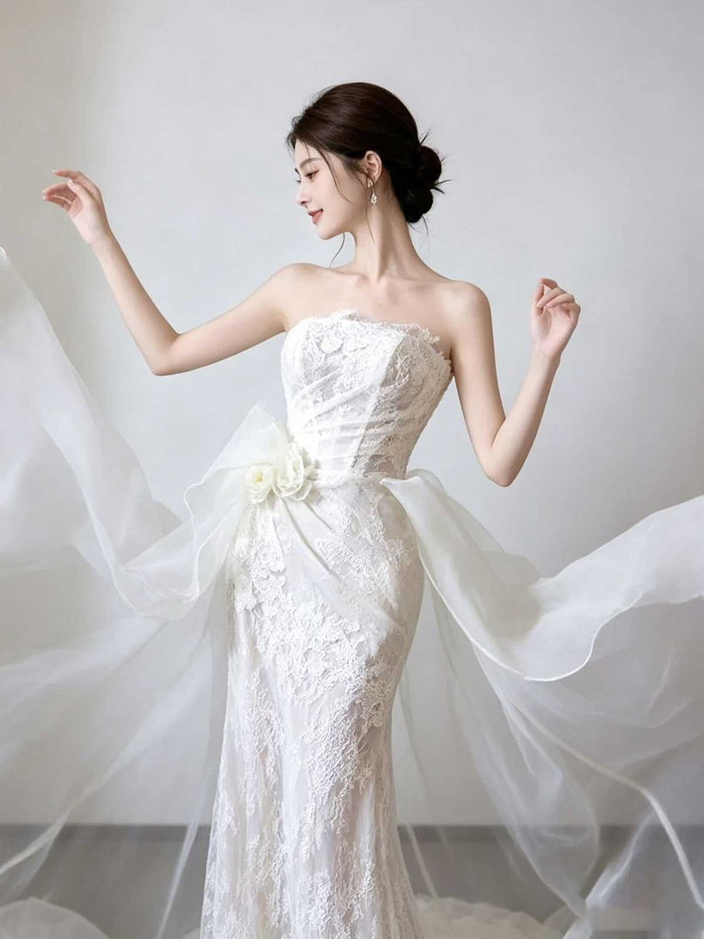 Ivory Lace & Organza Strapless Mermaid Wedding Dress with Overskirt