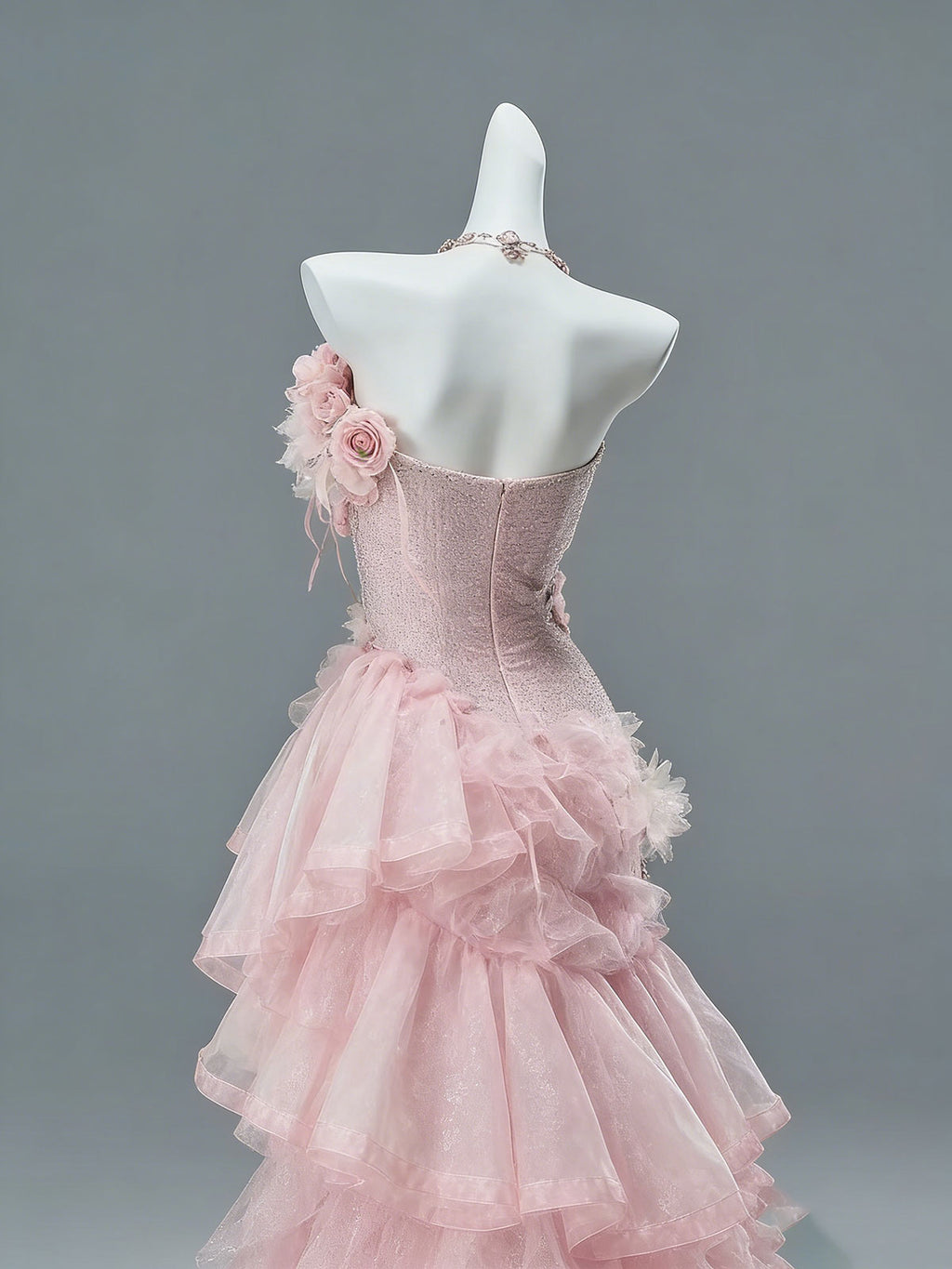 Blush Pink 3D Floral Ruffle Tiered Tulle Mermaid Prom Gown