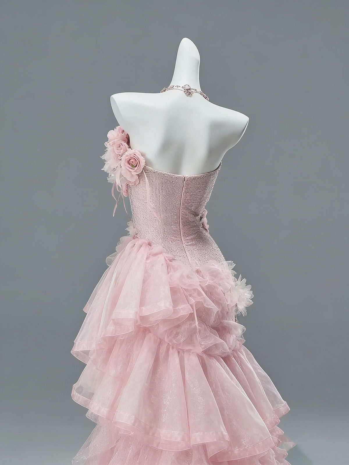 Blush Pink 3D Floral Ruffle Tiered Tulle Mermaid Prom Gown