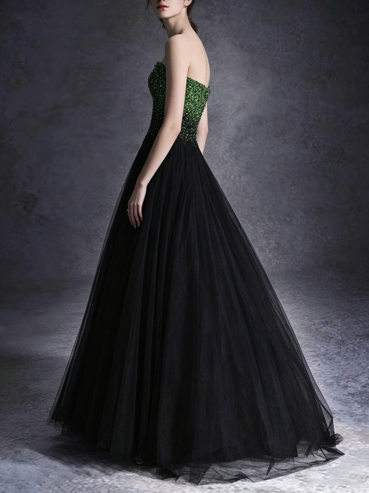 Green to Black Ombre Strapless Ball Gown with Beaded Bodice