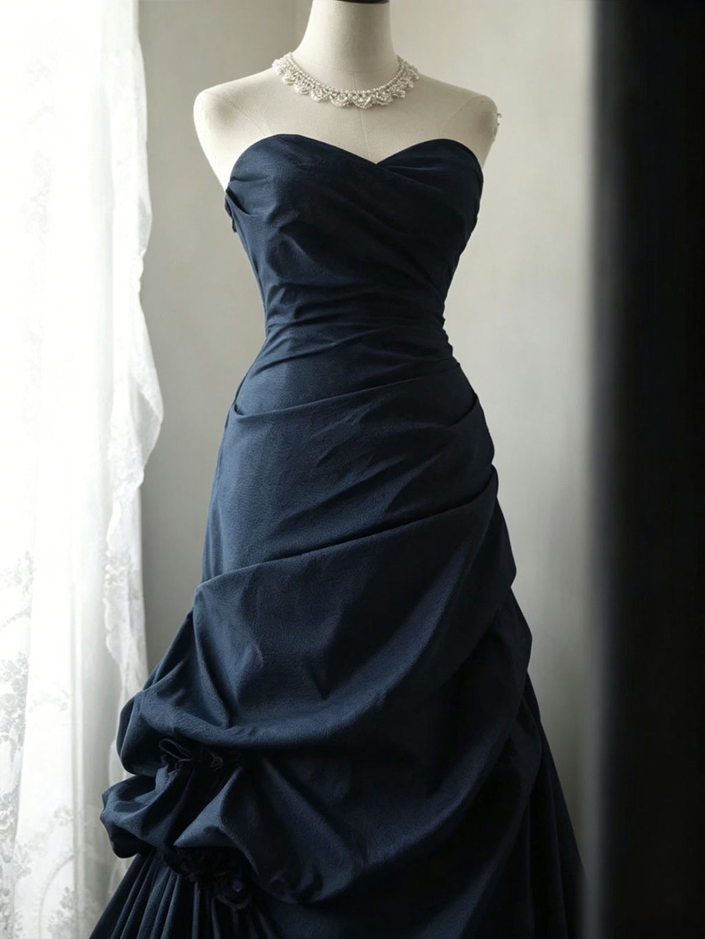 Navy Blue Strapless Ruched Satin Mermaid Evening Gown