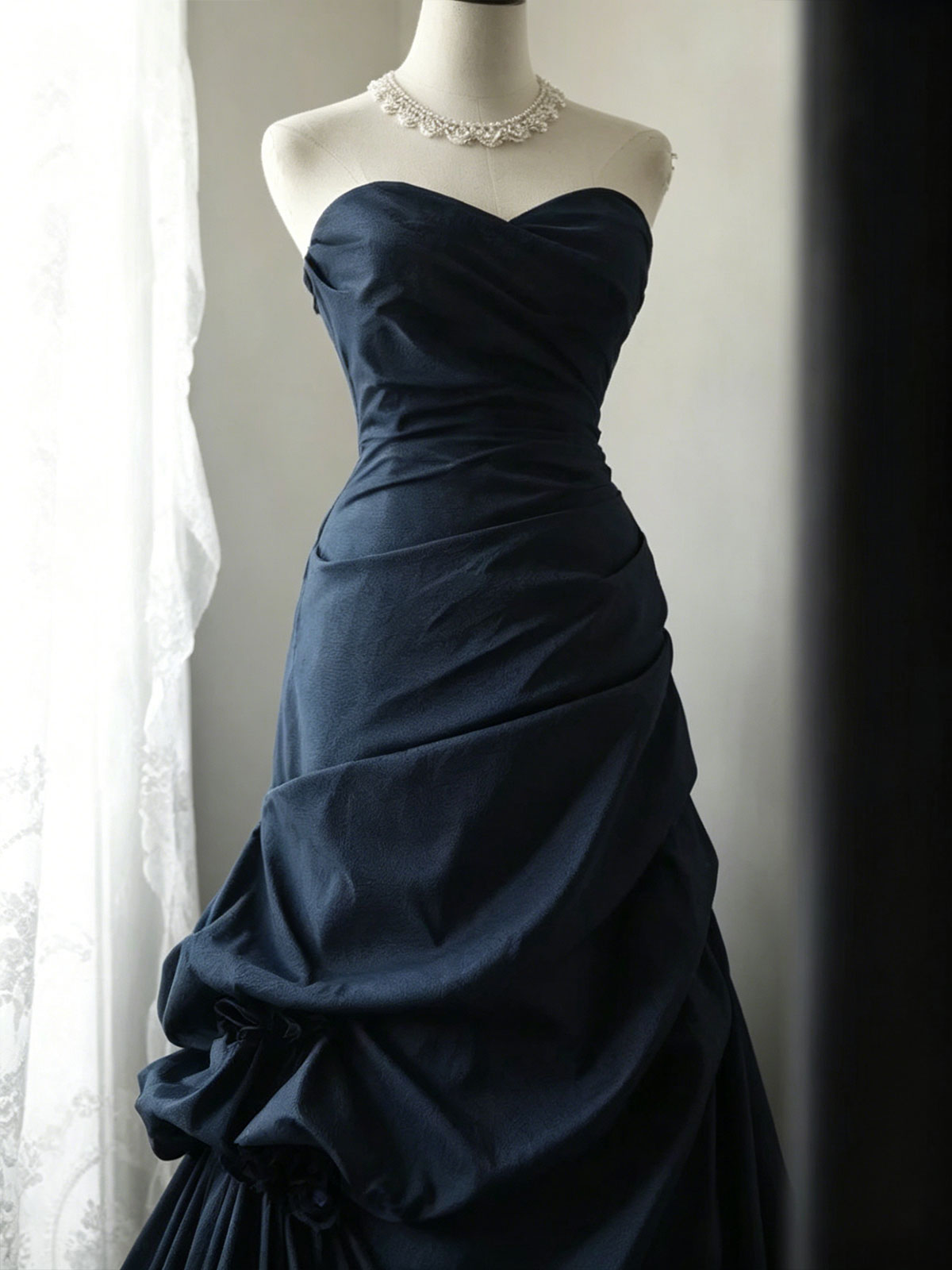 Navy Blue Strapless Ruched Satin Mermaid Evening Gown