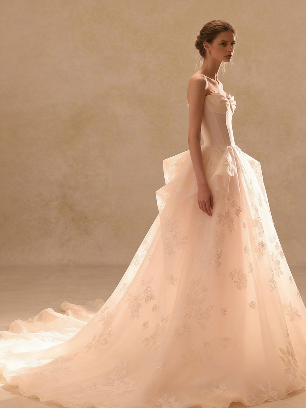 Blush Pink Strapless Gown with Floral Embroidered Tulle & Corset Bodice