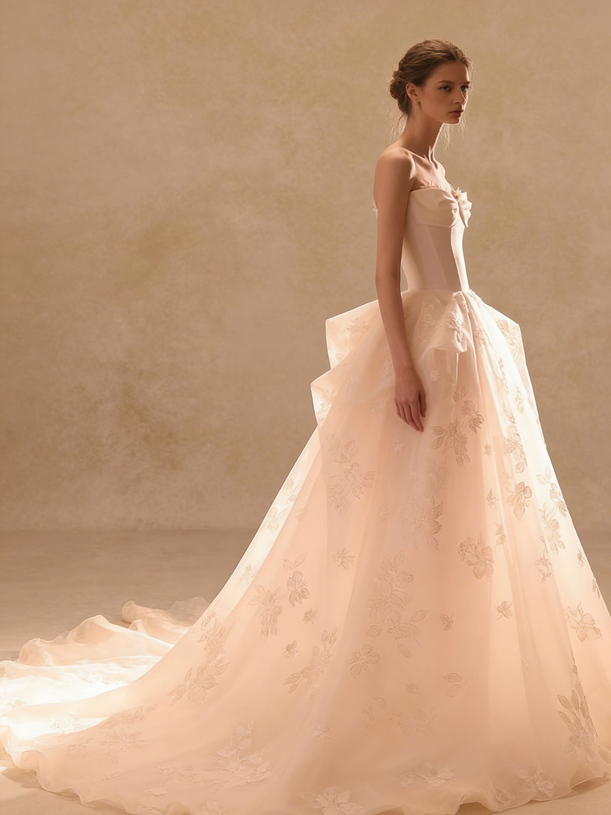 Blush Pink Strapless Gown with Floral Embroidered Tulle & Corset Bodice