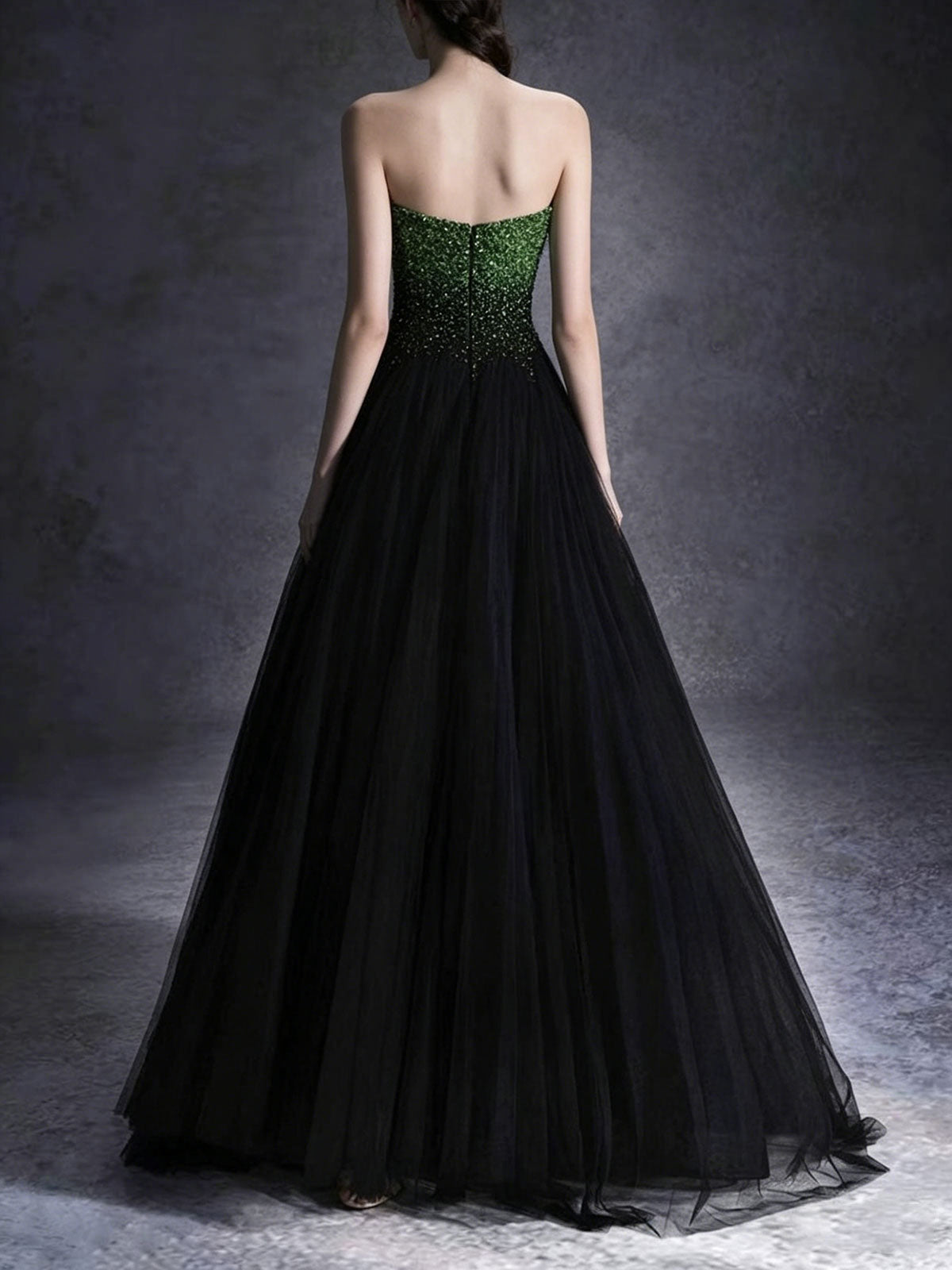 Green to Black Ombre Strapless Ball Gown with Beaded Bodice