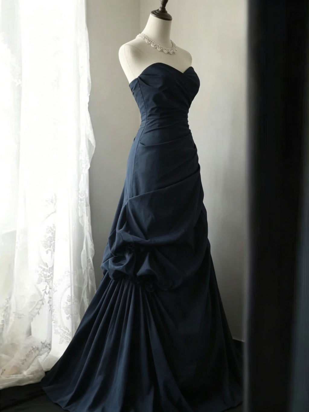 Navy Blue Strapless Ruched Satin Mermaid Evening Gown