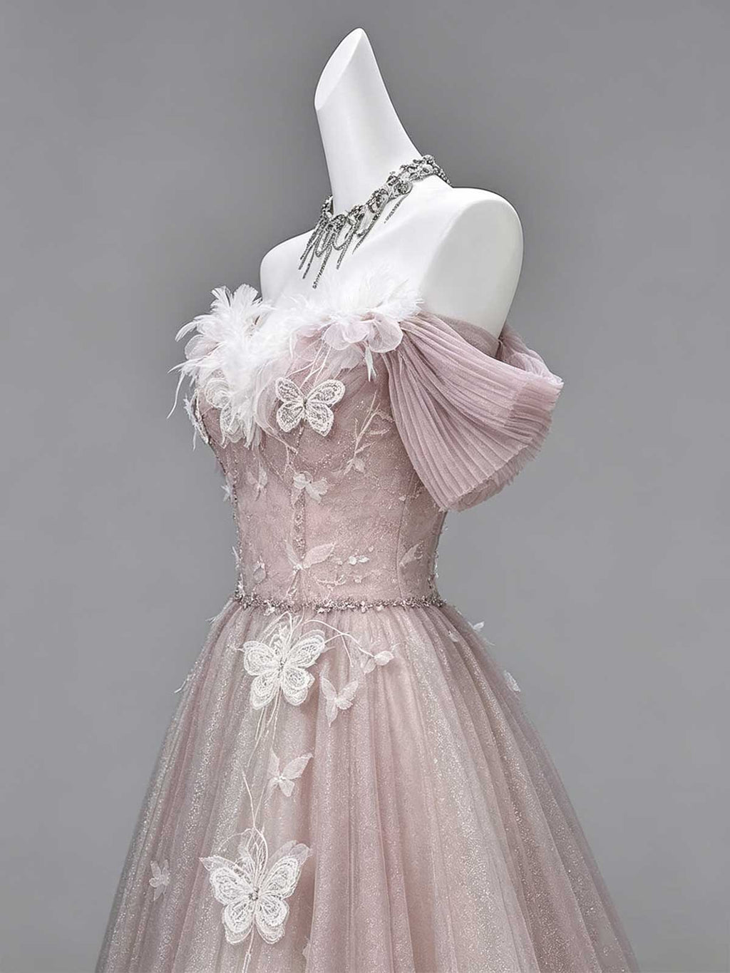 Dusty Pink Off-the-Shoulder Tulle Gown with 3D Butterfly Appliqués