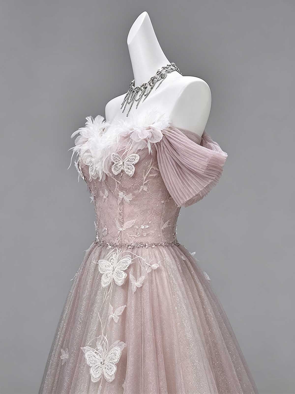 Dusty Pink Off-the-Shoulder Tulle Gown with 3D Butterfly Appliqués