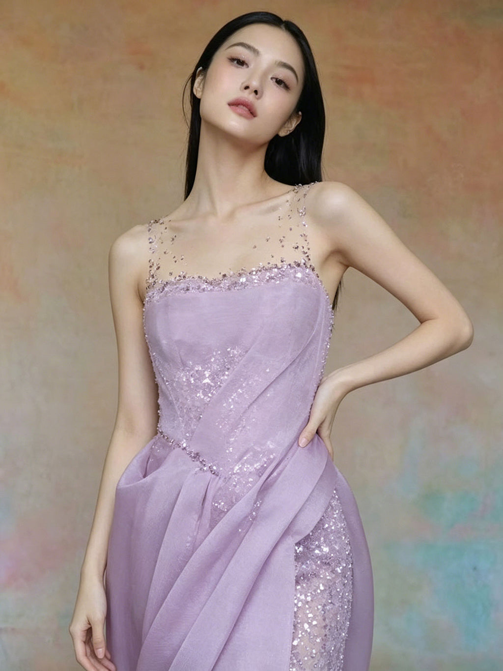 Sheer Neck Lavender Beaded Tulle Draped Satin Evening Gown