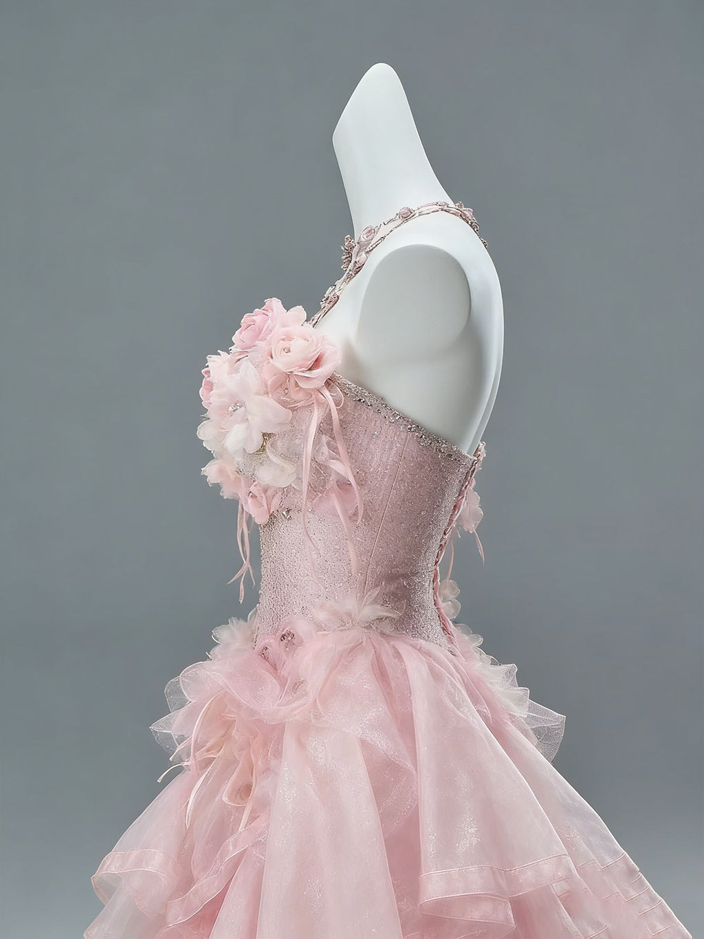 Blush Pink 3D Floral Ruffle Tiered Tulle Mermaid Prom Gown