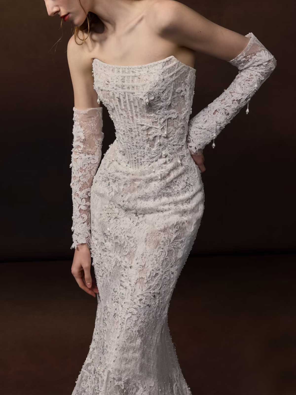 Strapless Lace Mermaid Gown with Beaded Detailing & Scalloped Veil