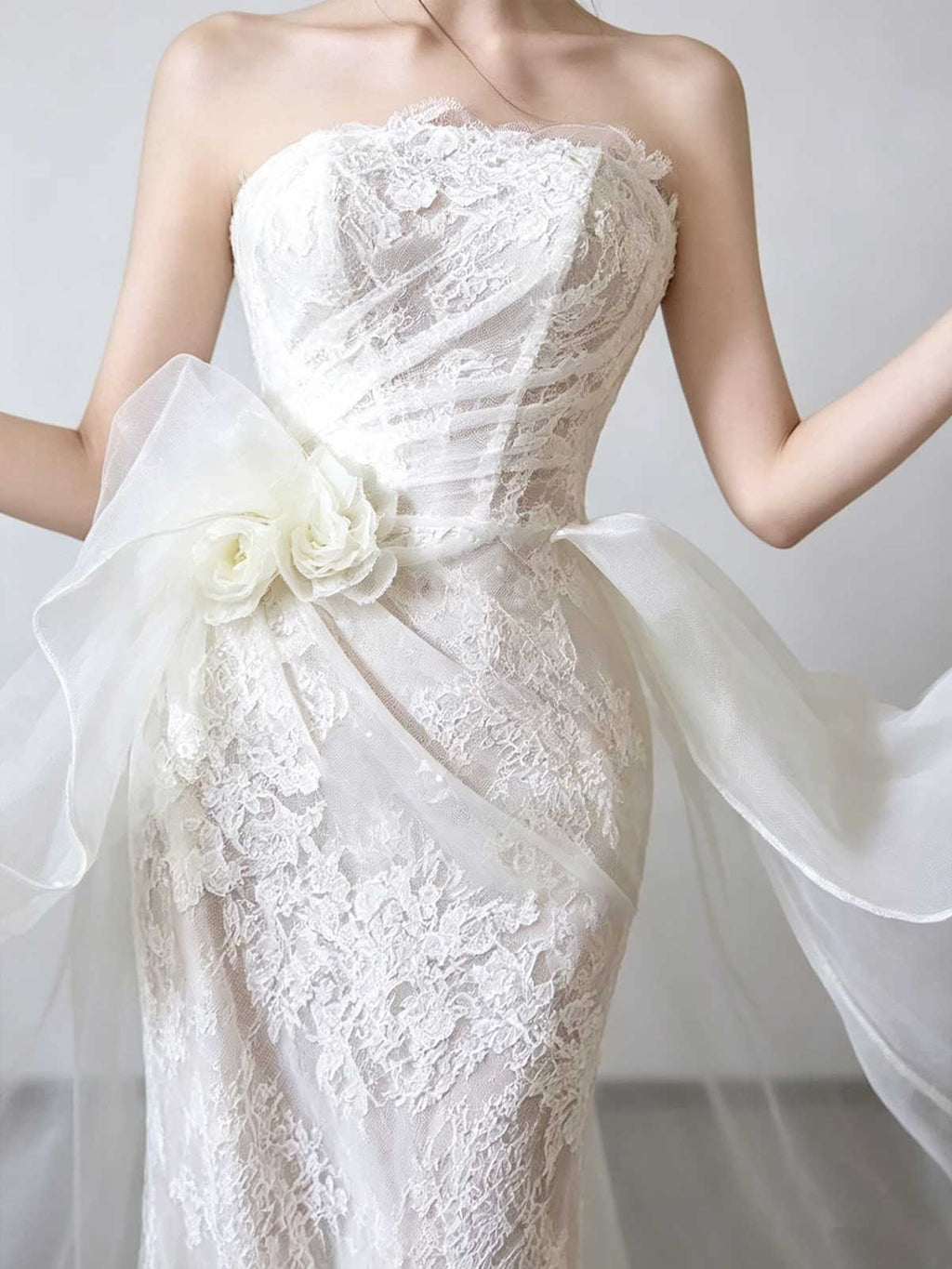 Ivory Lace & Organza Strapless Mermaid Wedding Dress with Overskirt