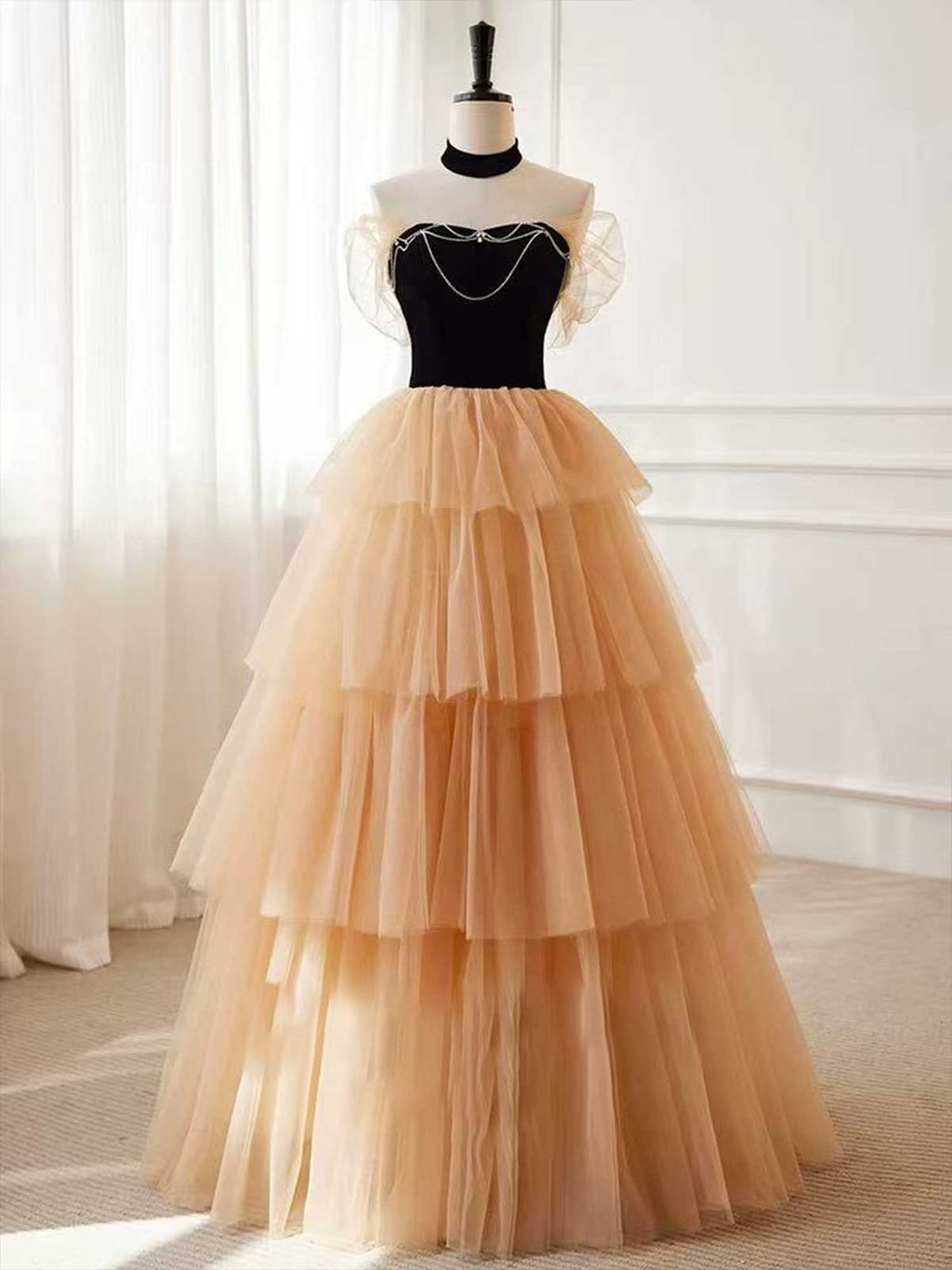 Black & Champagne Tiered Tulle Ball Gown with Halter Neck
