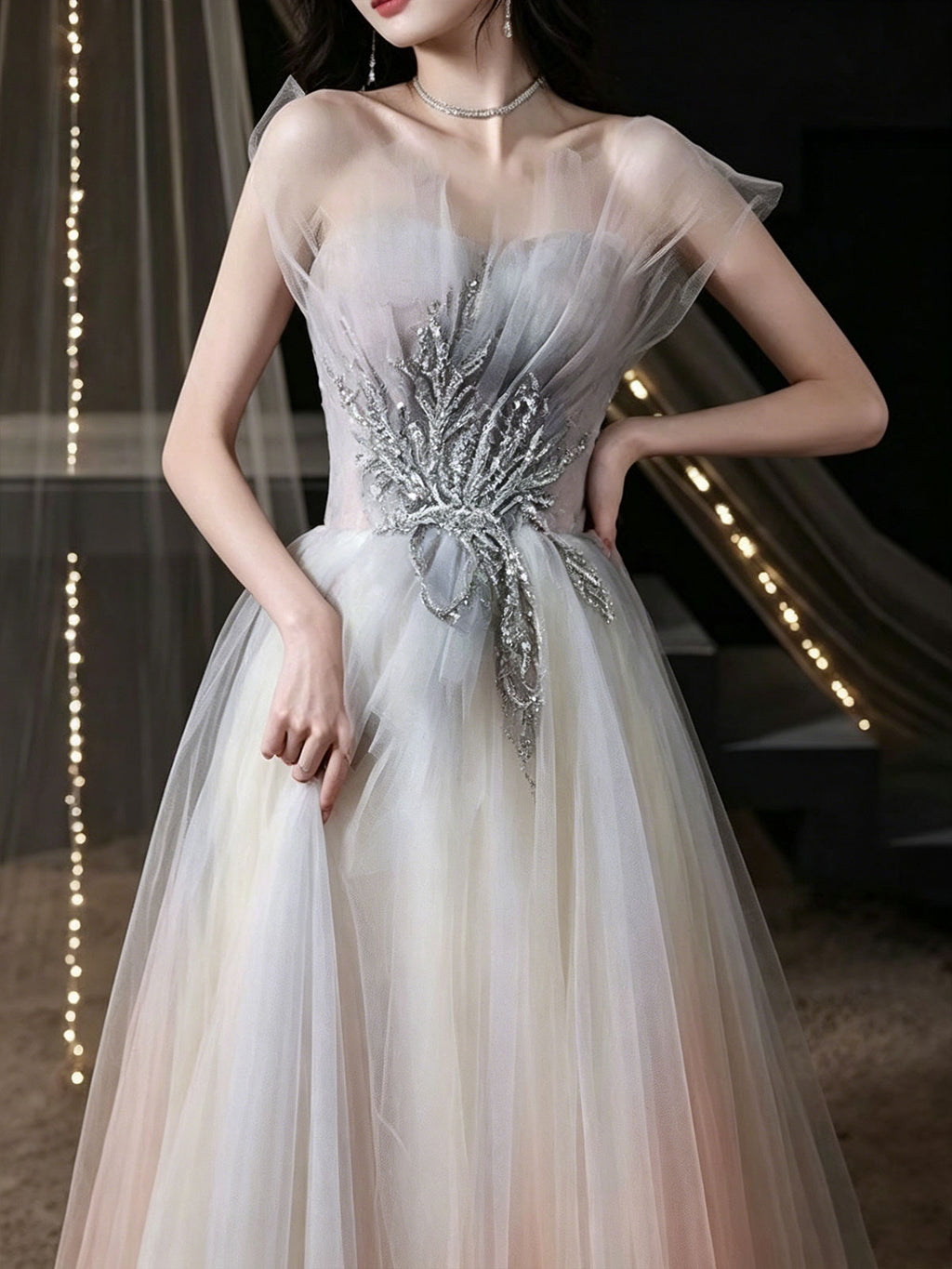Off Shoulder Ombre Pink Tulle Beaded A-Line Evening Prom Dress