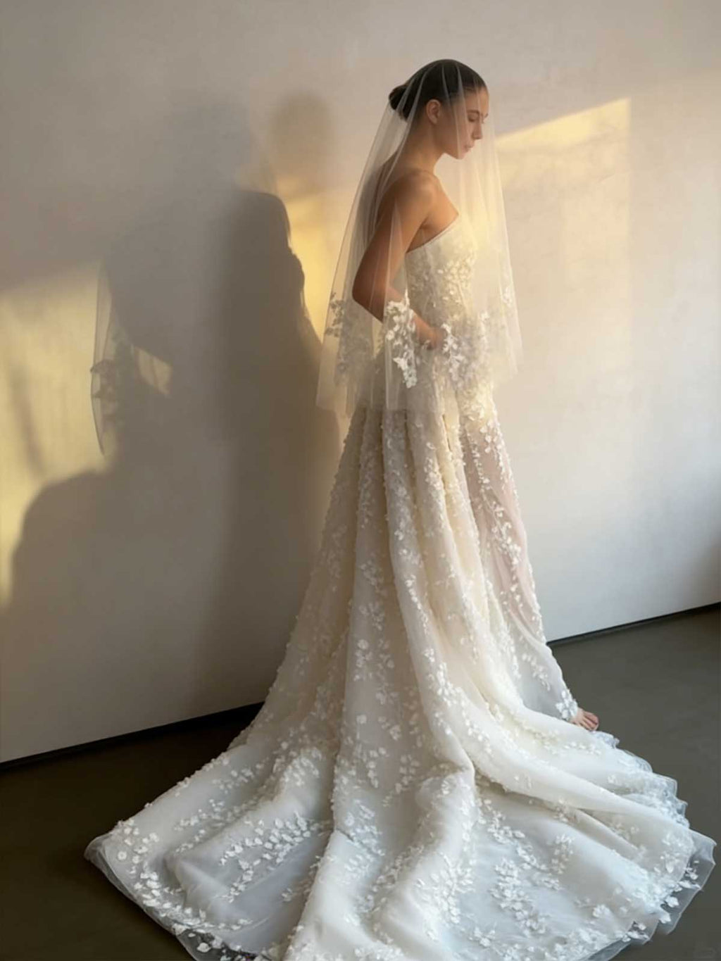 Strapless 3D Floral Lace Sheer Mermaid Wedding Dress with Slit & Veil