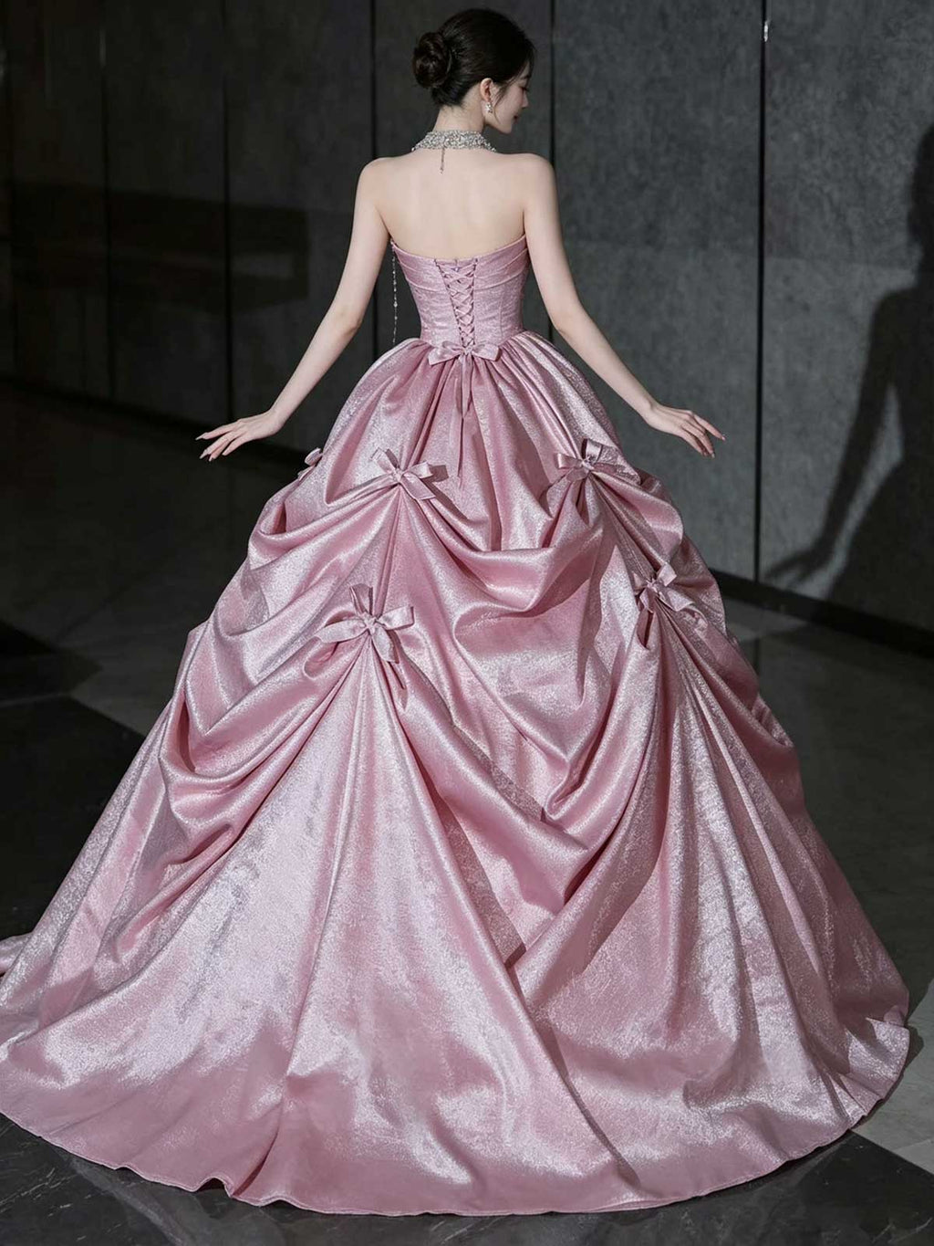 Blush Pink Strapless Satin Ball Gown with Bow Details