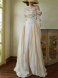 Ivory Off-Shoulder Satin Pleated Maxi Wedding Gown