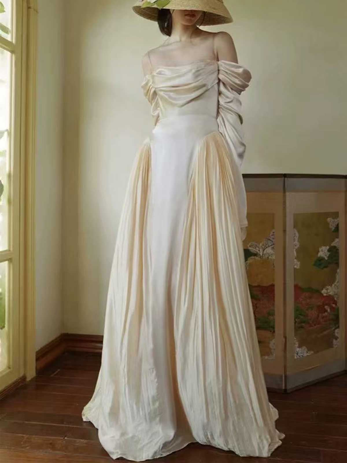Ivory Off-Shoulder Satin Pleated Maxi Wedding Gown