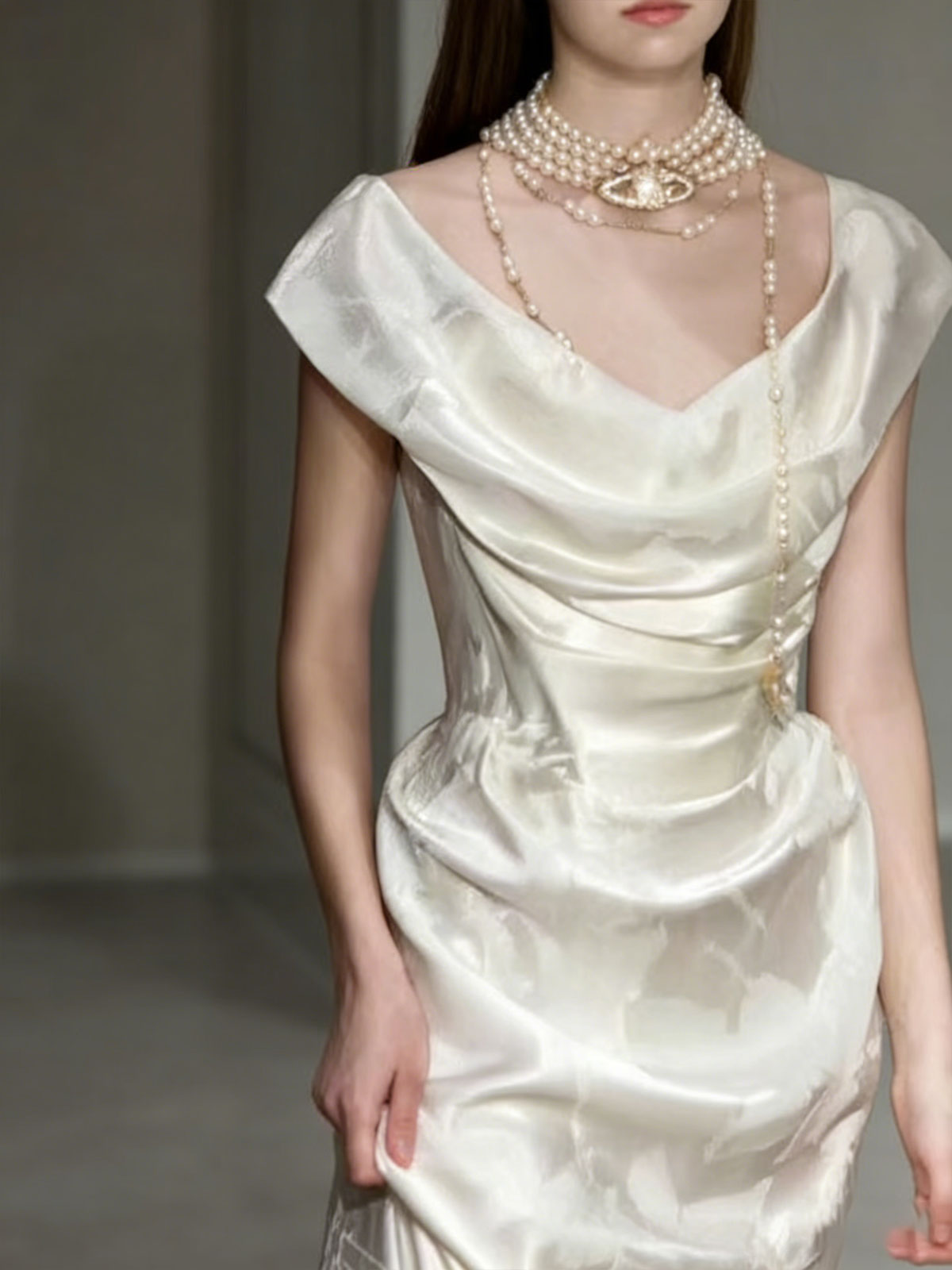Ivory Jacquard Satin Cowl Neck Mermaid Wedding Dress
