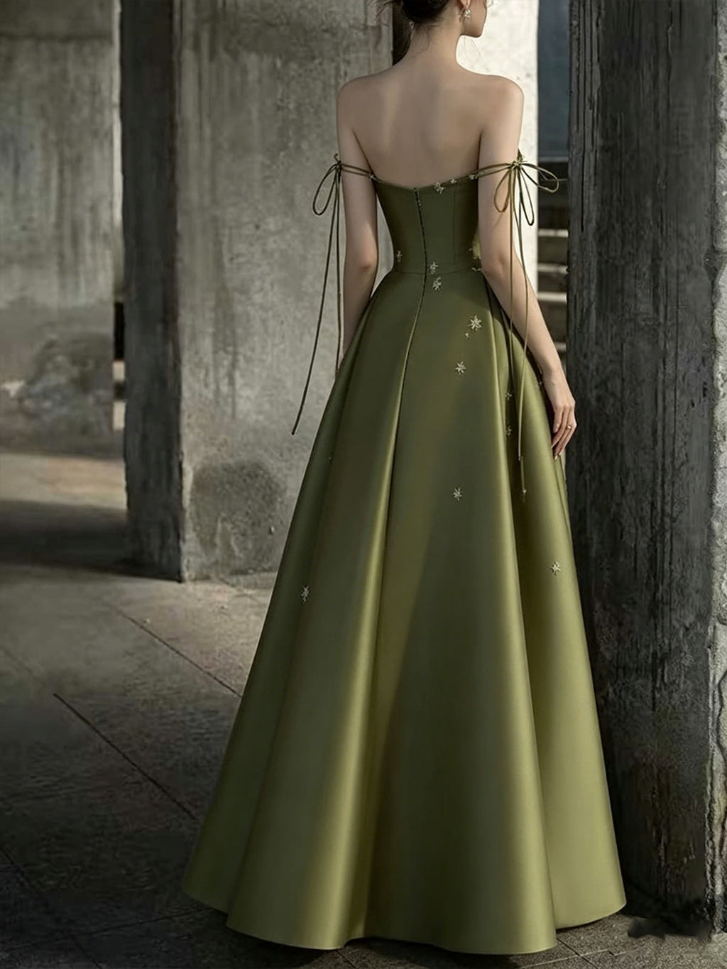 Olive Green Strapless Satin Evening Gown with Star Embroidery