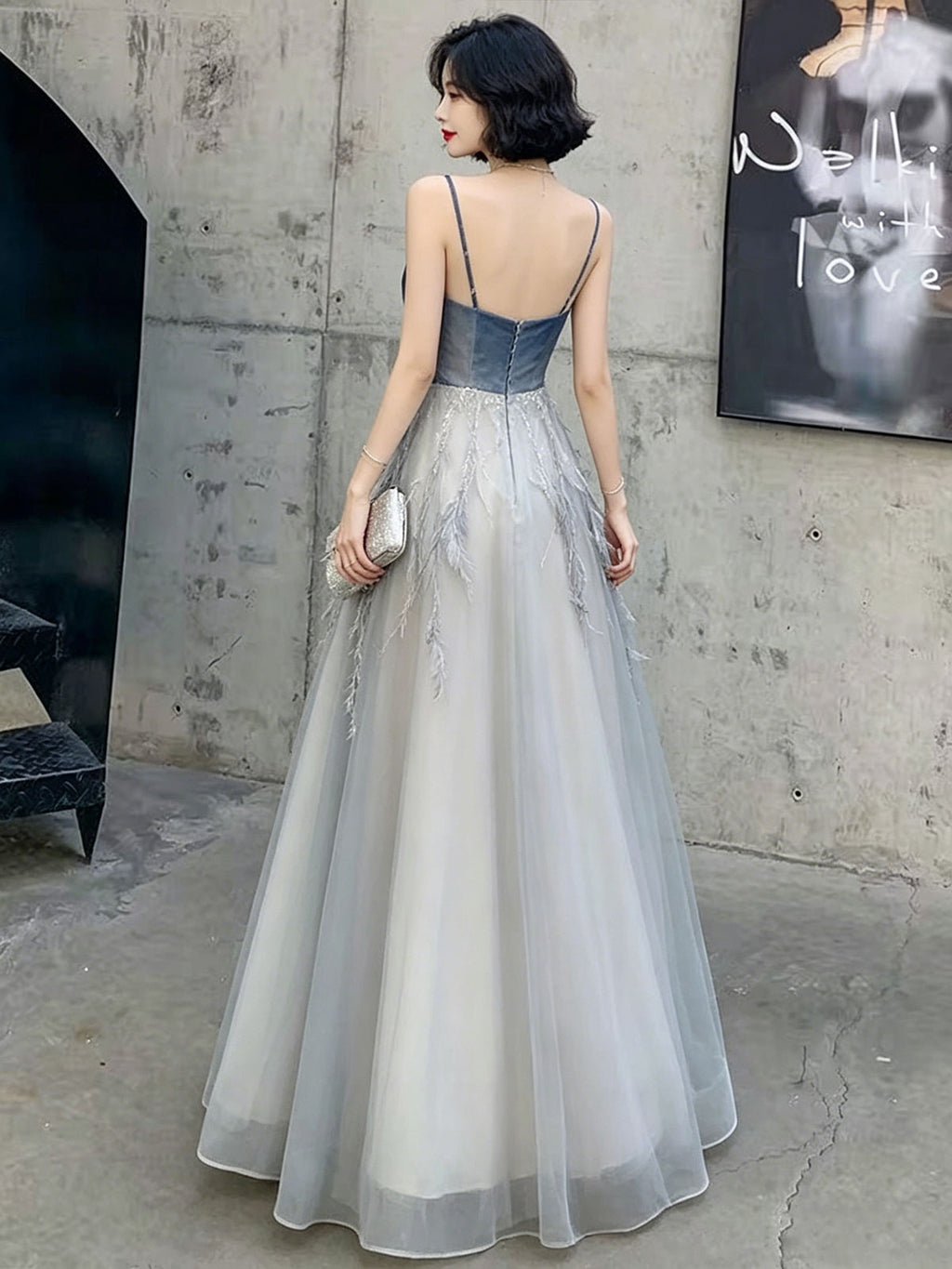 Spaghetti Strap Navy Velvet Feather Tulle Formal Evening Gown