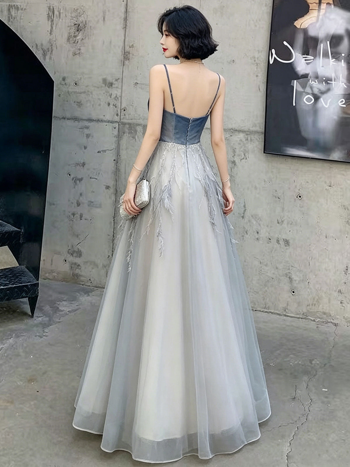Spaghetti Strap Navy Velvet Feather Tulle Formal Evening Gown