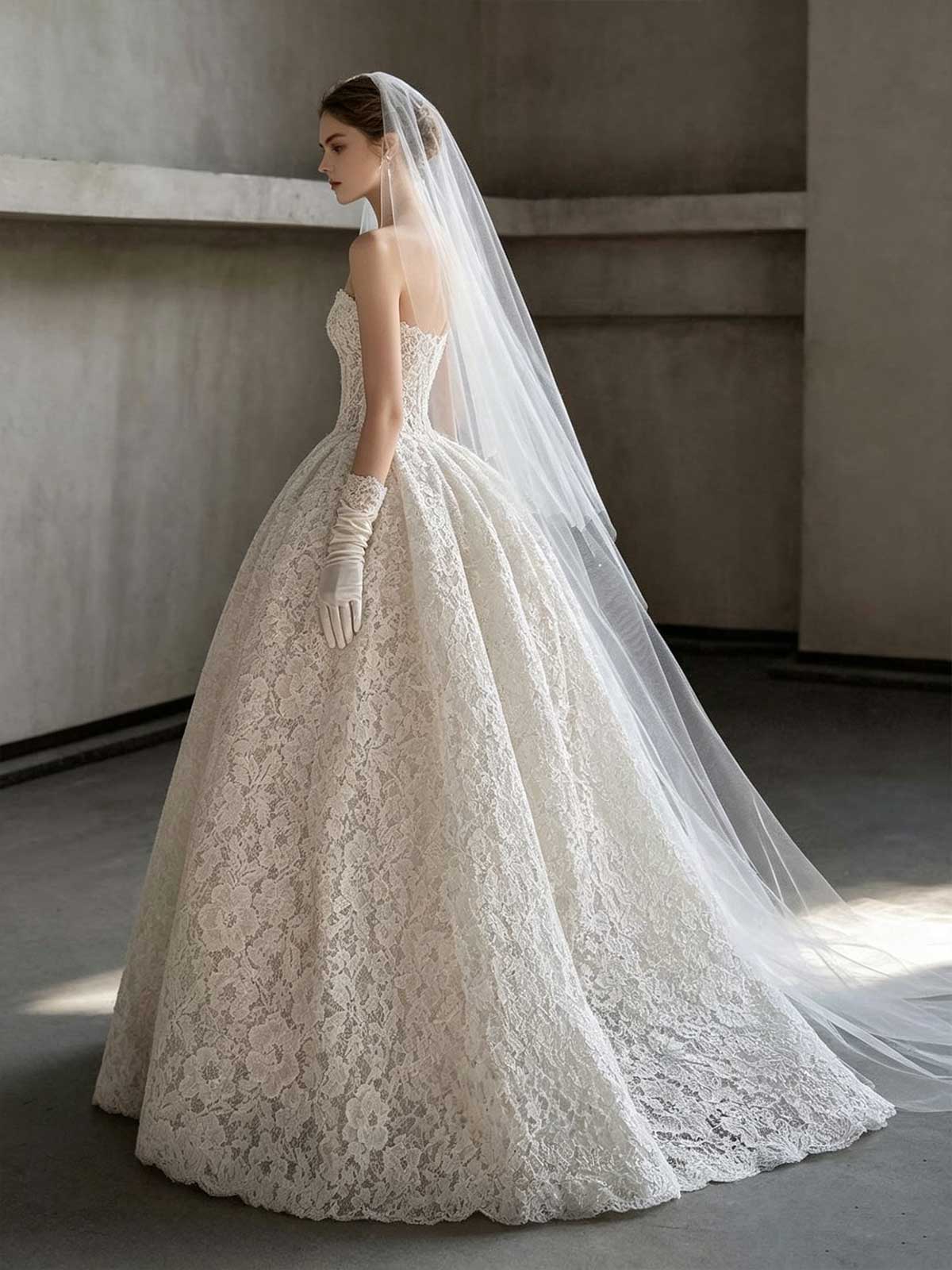 Vintage Lace Strapless Ball Gown Wedding Dress with Long Gloves & Veil