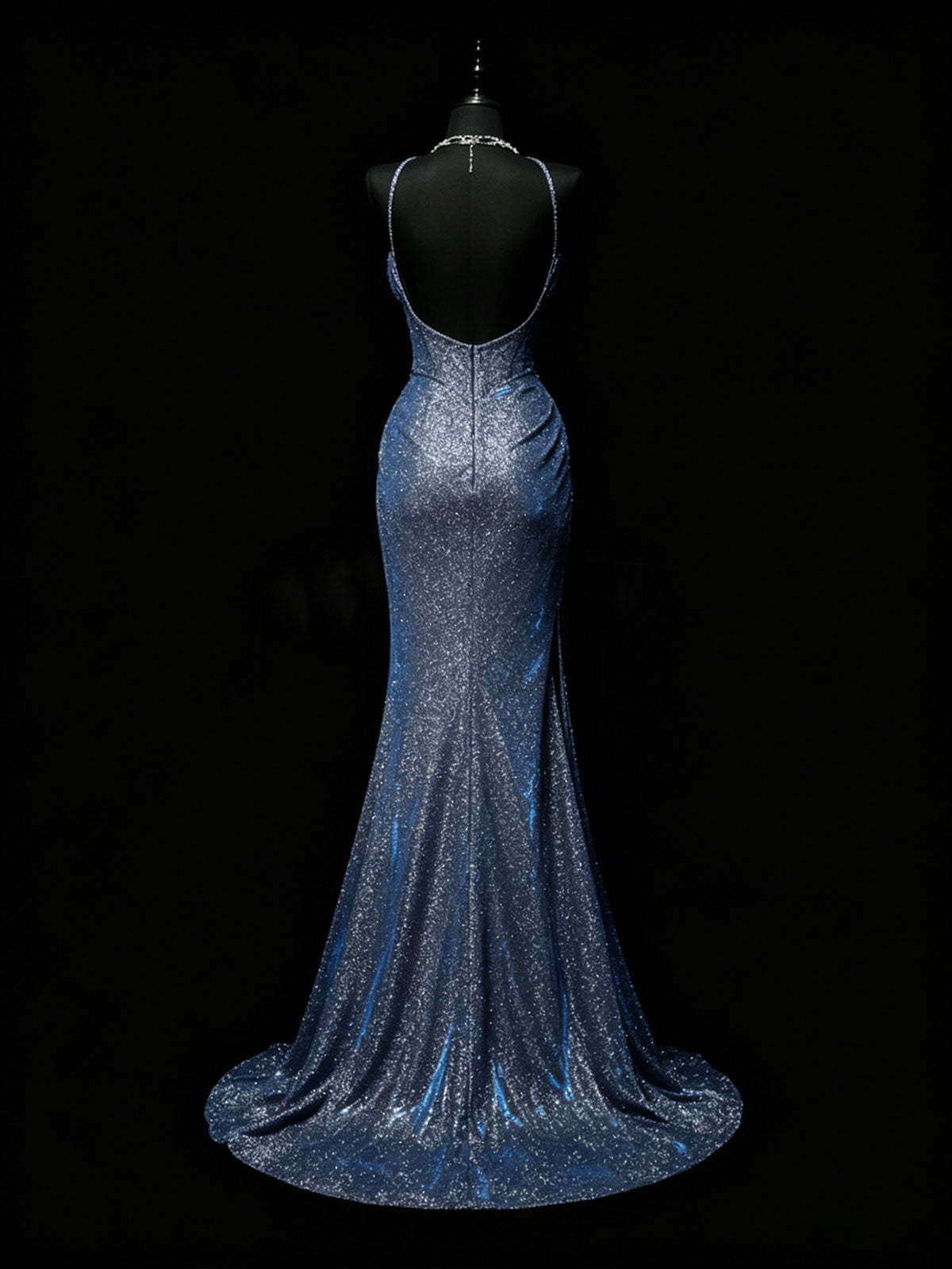 Blue Glitter Halter Neck High Slit Satin Mermaid Prom Gown