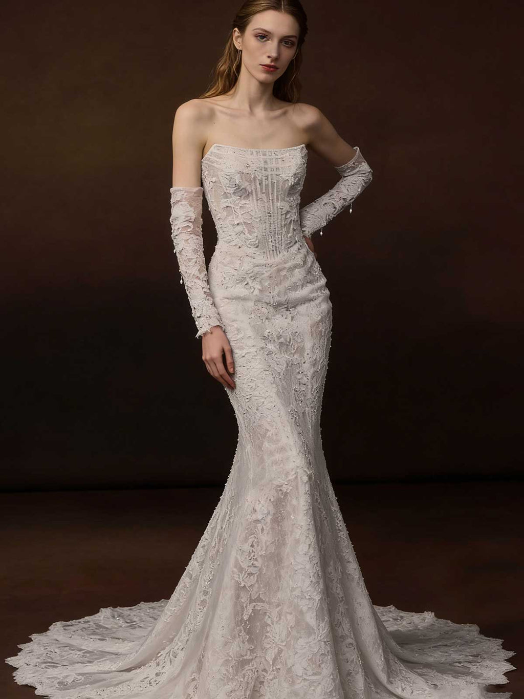 Strapless Lace Mermaid Gown with Beaded Detailing & Scalloped Veil