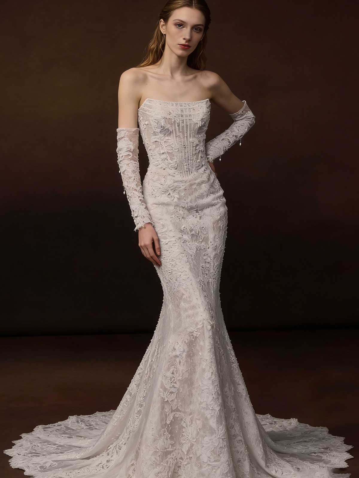 Strapless Lace Mermaid Gown with Beaded Detailing & Scalloped Veil