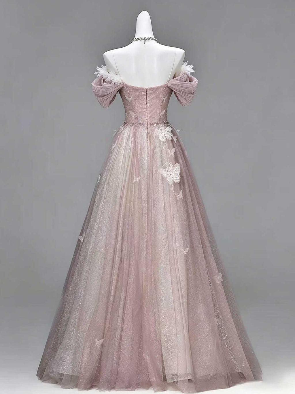 Dusty Pink Off-the-Shoulder Tulle Gown with 3D Butterfly Appliqués