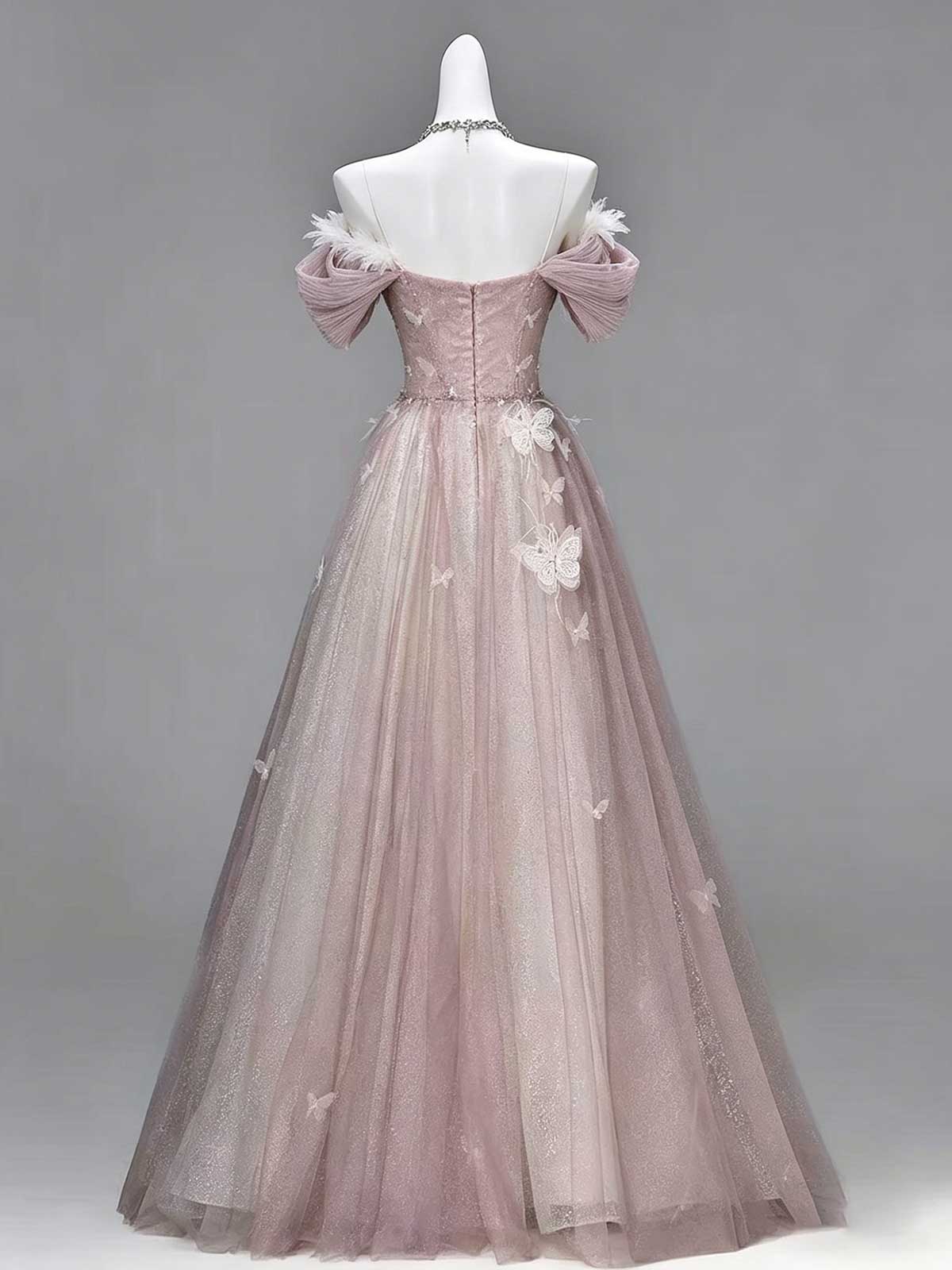Dusty Pink Off-the-Shoulder Tulle Gown with 3D Butterfly Appliqués