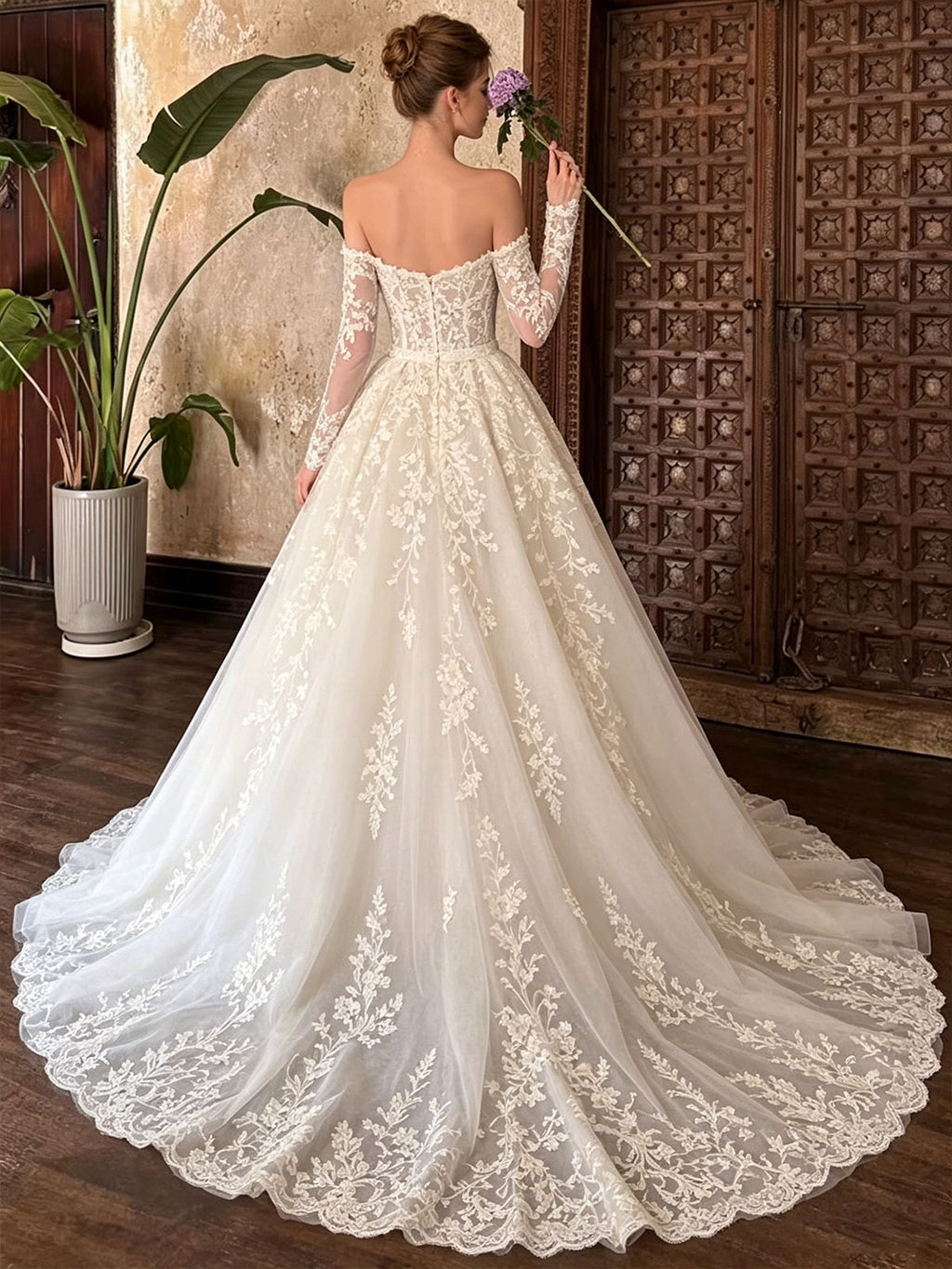 Off Shoulder Lace Long Sleeve Overskirt Mermaid Train Wedding Gown