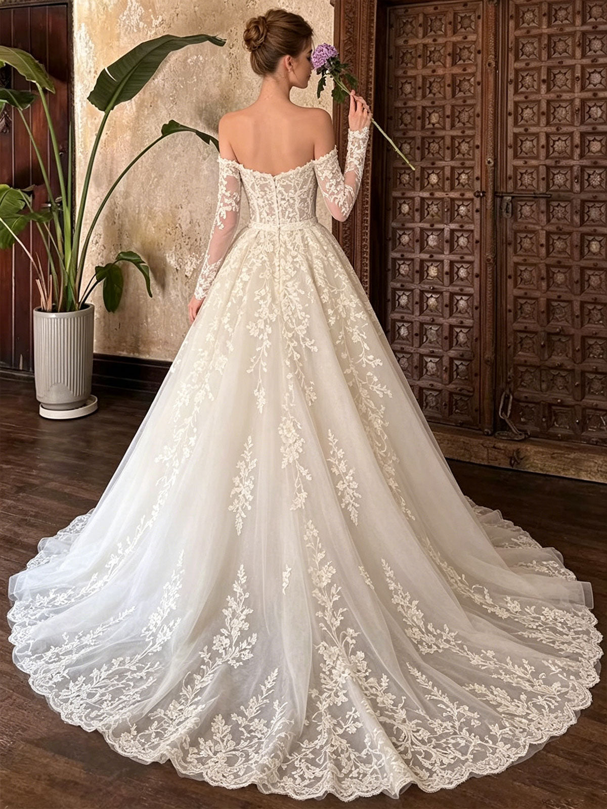 Off Shoulder Lace Long Sleeve Overskirt Mermaid Train Wedding Gown