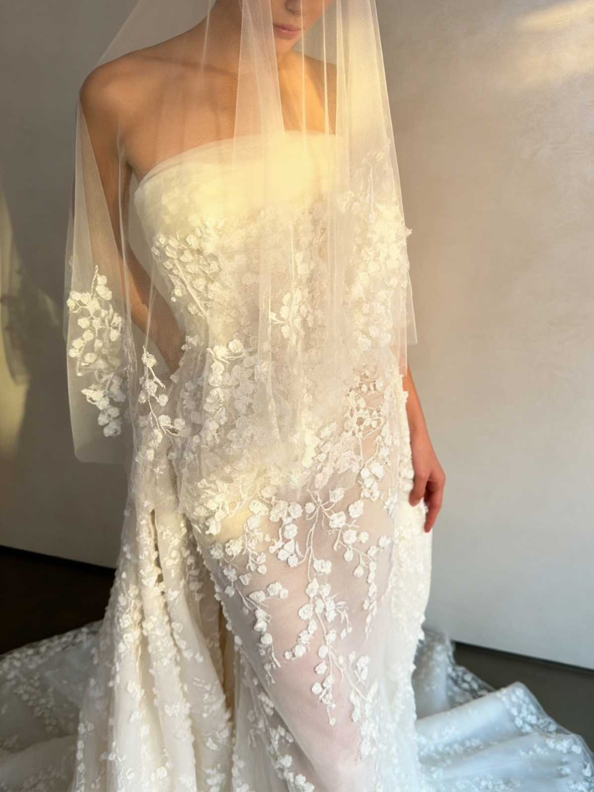 Strapless 3D Floral Lace Sheer Mermaid Wedding Dress with Slit & Veil