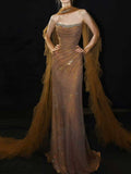 Glamorous Bronze Rhinestone Mesh Mermaid Evening Gown with Shawl