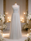 Elegant Floral Beaded Tulle Evening Gown with Sheer Cape Sleeves for Wedding & Prom