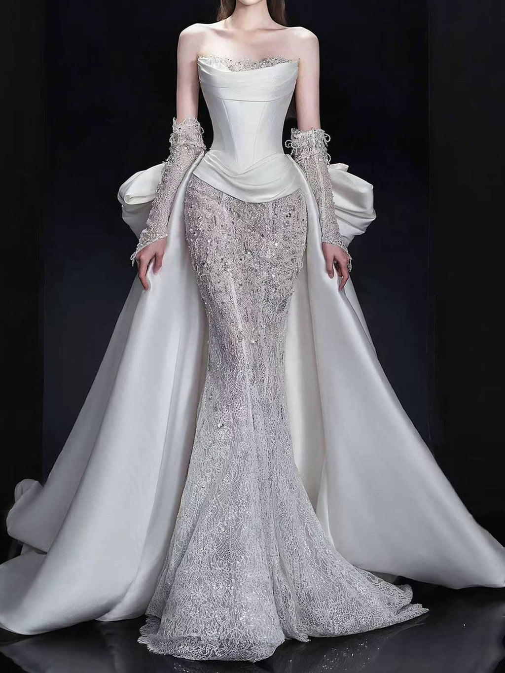 Elegant White Lace Satin Mermaid Wedding Dress with Detachable Train