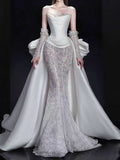 Elegant White Lace Satin Mermaid Wedding Dress with Detachable Train